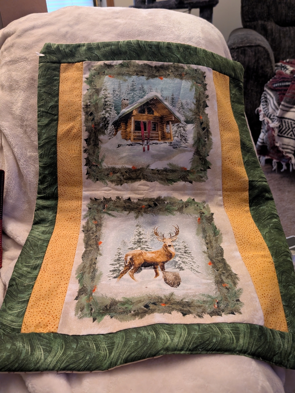 Handmade Holiday Rustic Cabincore Woodland deer Quilted Table Runner Lodgecore